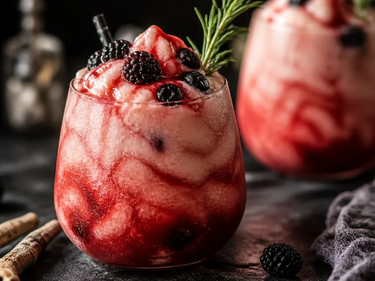 Green slushie with red syrup swirled through it in a clear glass, resembling a brain freeze drink.