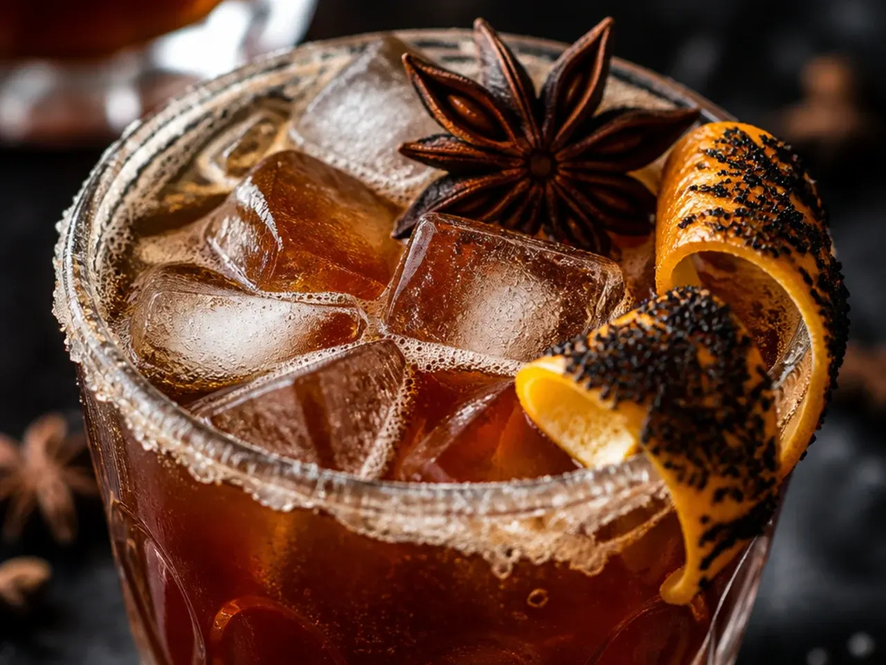Dark purple spiced chai drink in a glass mug with two pretzel triangle cat ears on the rim.