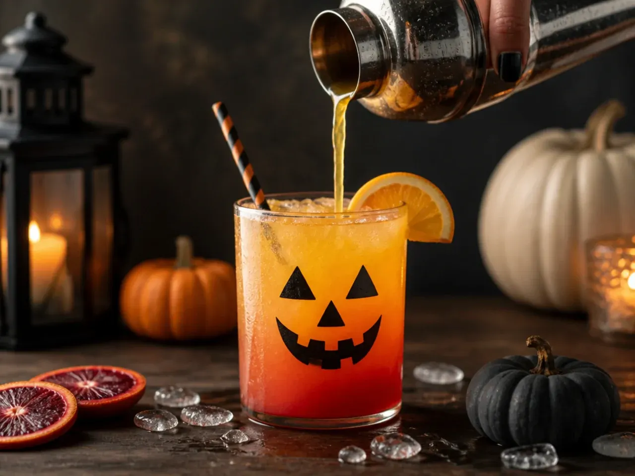 Frothy mango sunset drink in a glass with a cinnamon sugar rim, a scoop of orange sherbet on top and a carved jack-o-lantern orange slice on the rim.