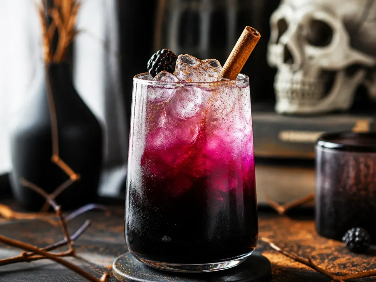 Three-layered dark blue and purple drink with crushed chocolate cookie crumbs on top and a candy skeleton garnish.