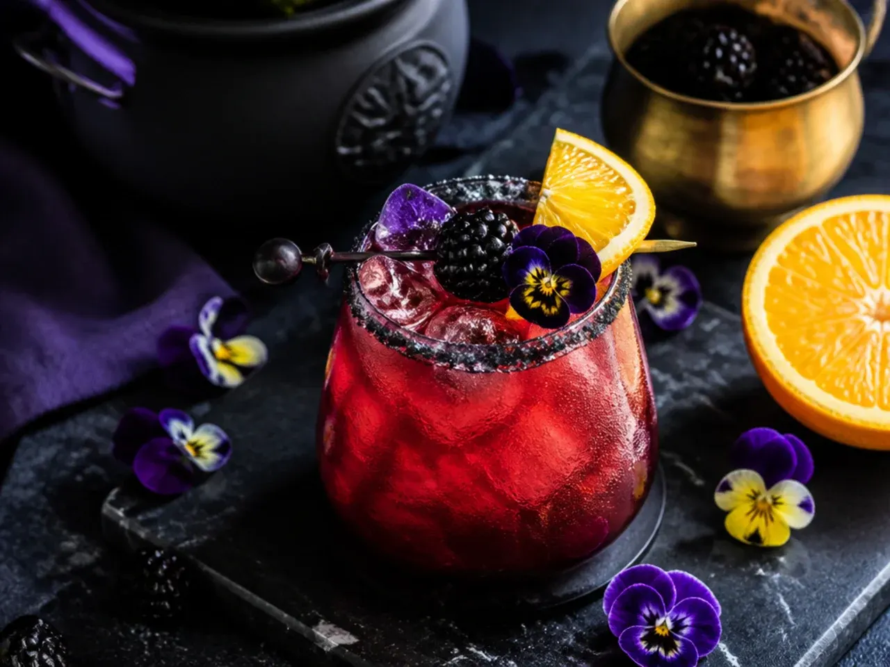 Two matching Halloween punch pitchers side by side, one labelled with a skull sticker for the alcoholic version.