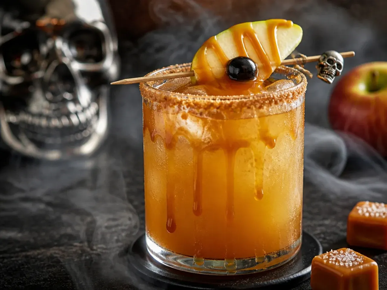 Caramel apple cider in a glass mug with caramel drizzle around the rim and a cinnamon stick.