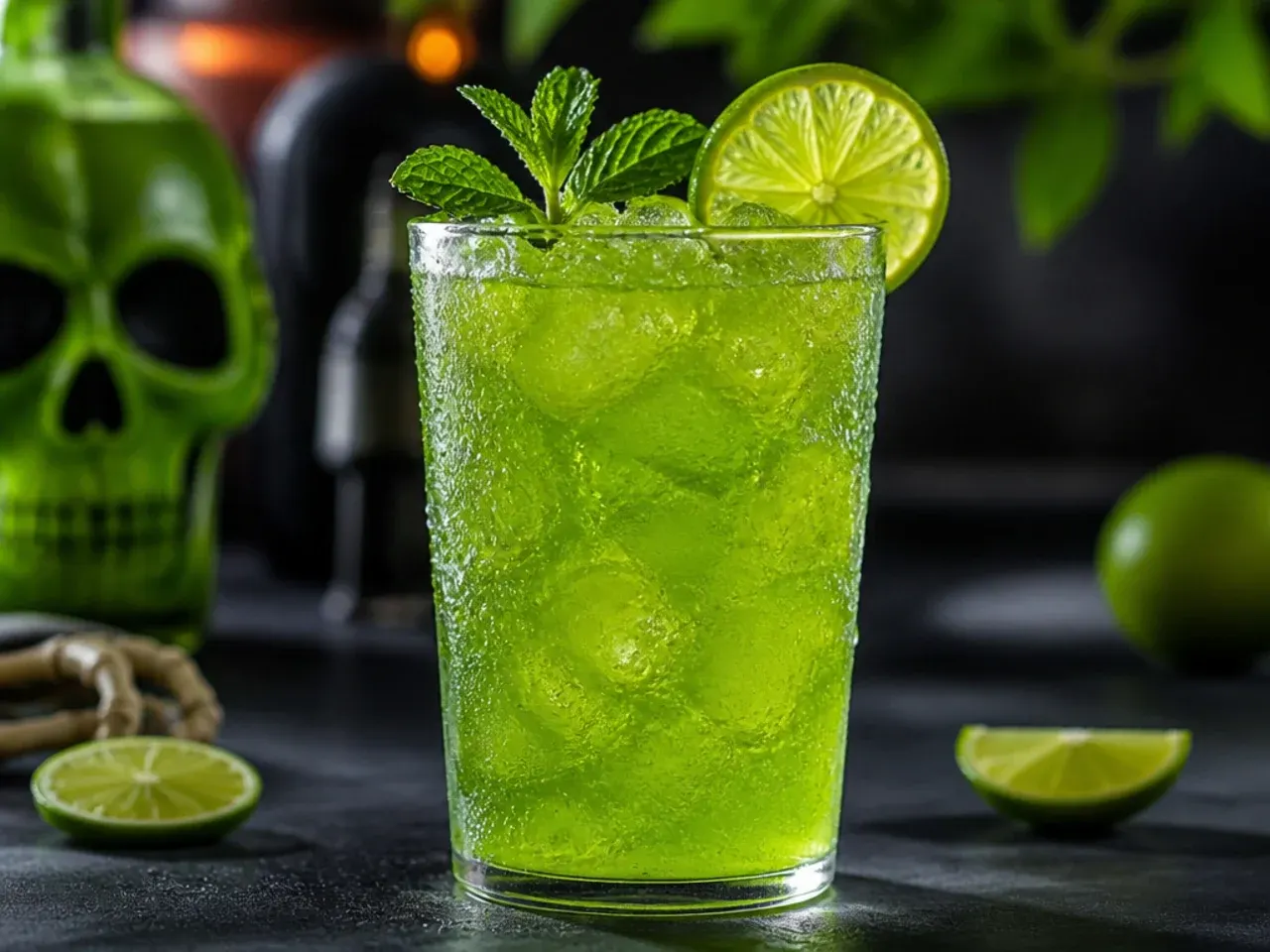 Bright green slime-textured cooler drink with floating gelatin cubes in a tall glass.