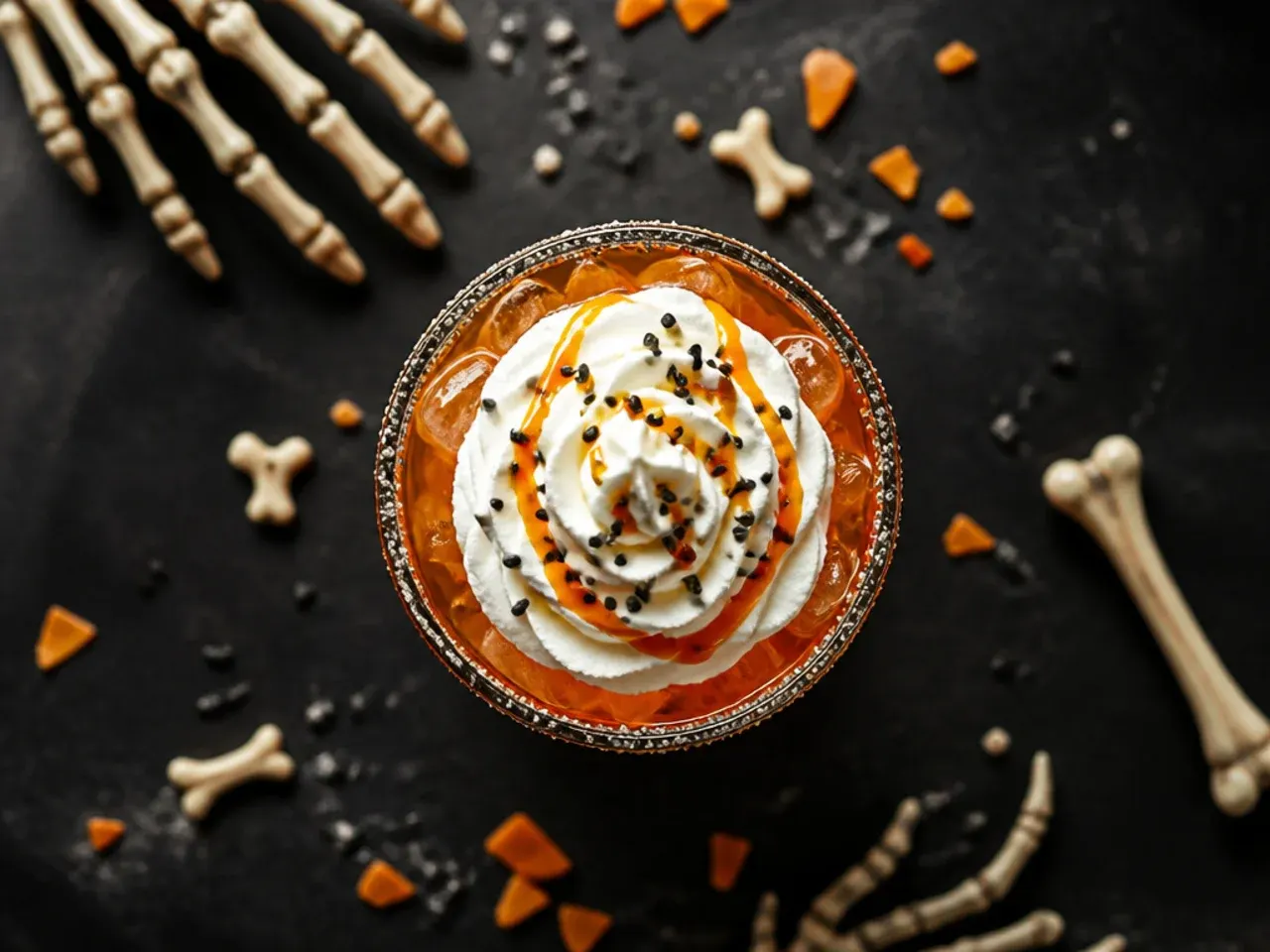 Pale sparkling drink in a champagne flute with a white sugar rim and a white chocolate bone garnish.