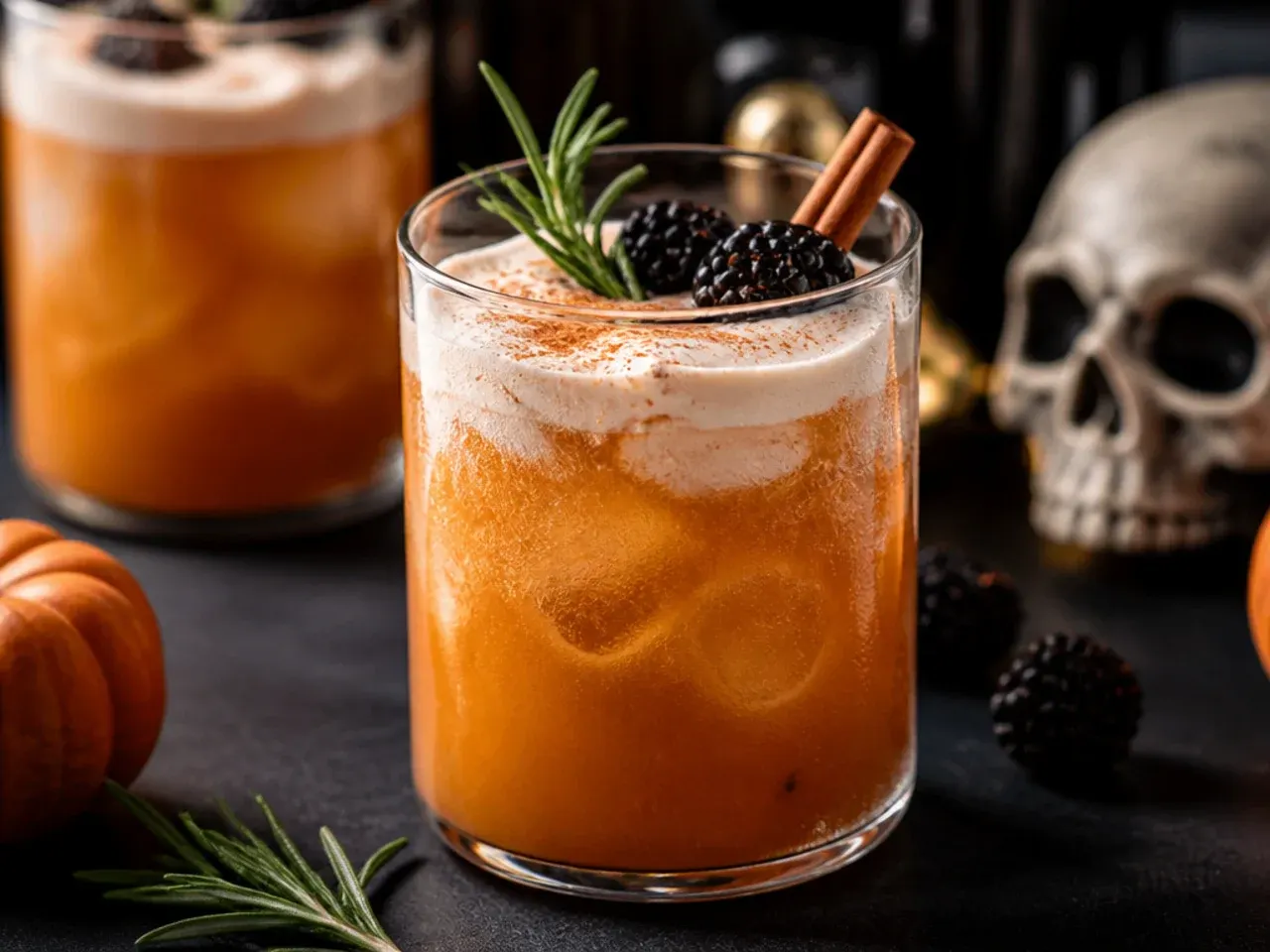 Pumpkin spice latte mocktail in a clear glass mug with milk foam and a dusting of cinnamon on top.