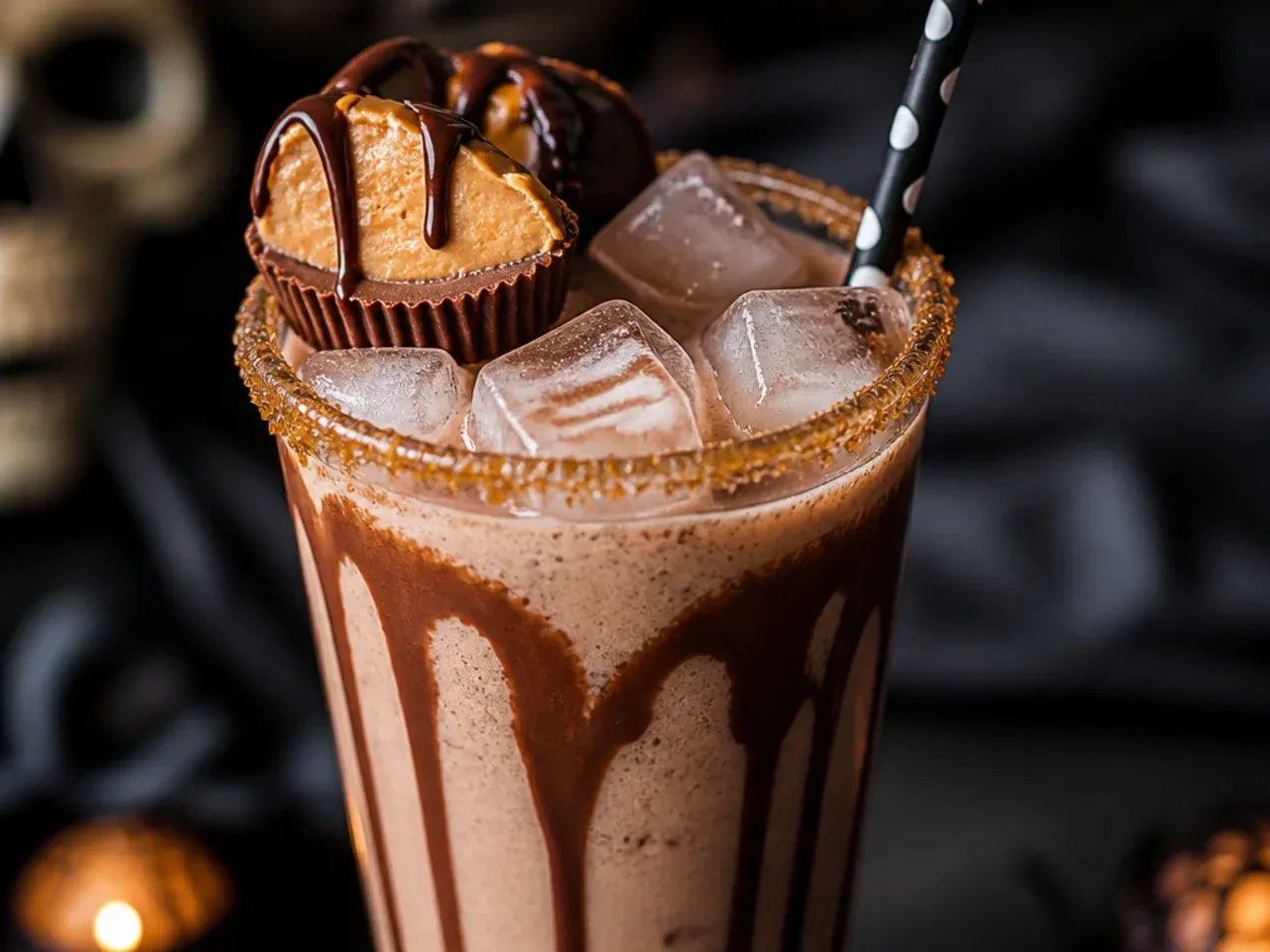 Thick chocolate peanut butter milkshake in a glass with whipped cream and candy eyeballs on top.