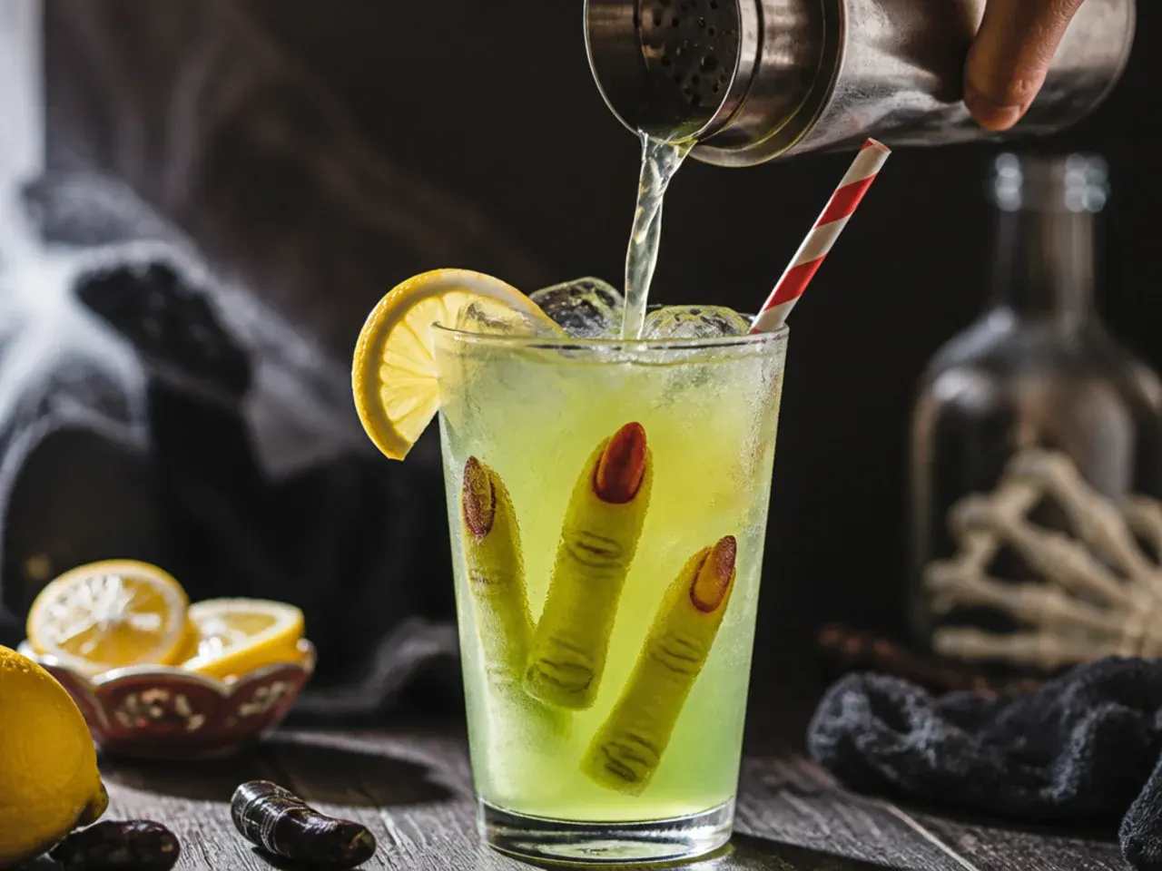Glass of lemonade with frozen banana witch finger garnishes with almond nails resting on the rim.