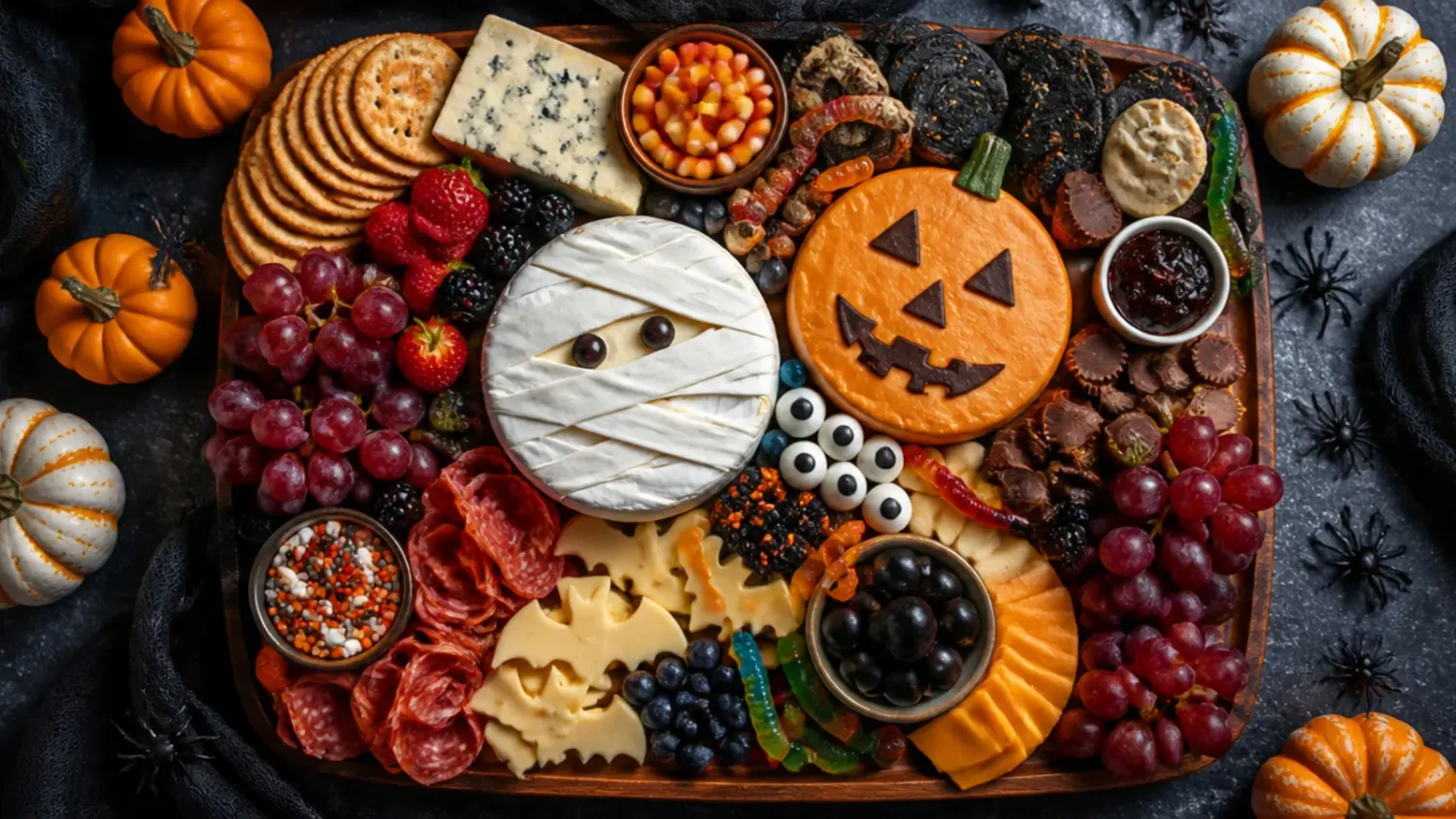 Overhead shot of a Halloween candy charcuterie board with candy corn, chocolate bars, pretzels and dip bowls on a dark wooden table