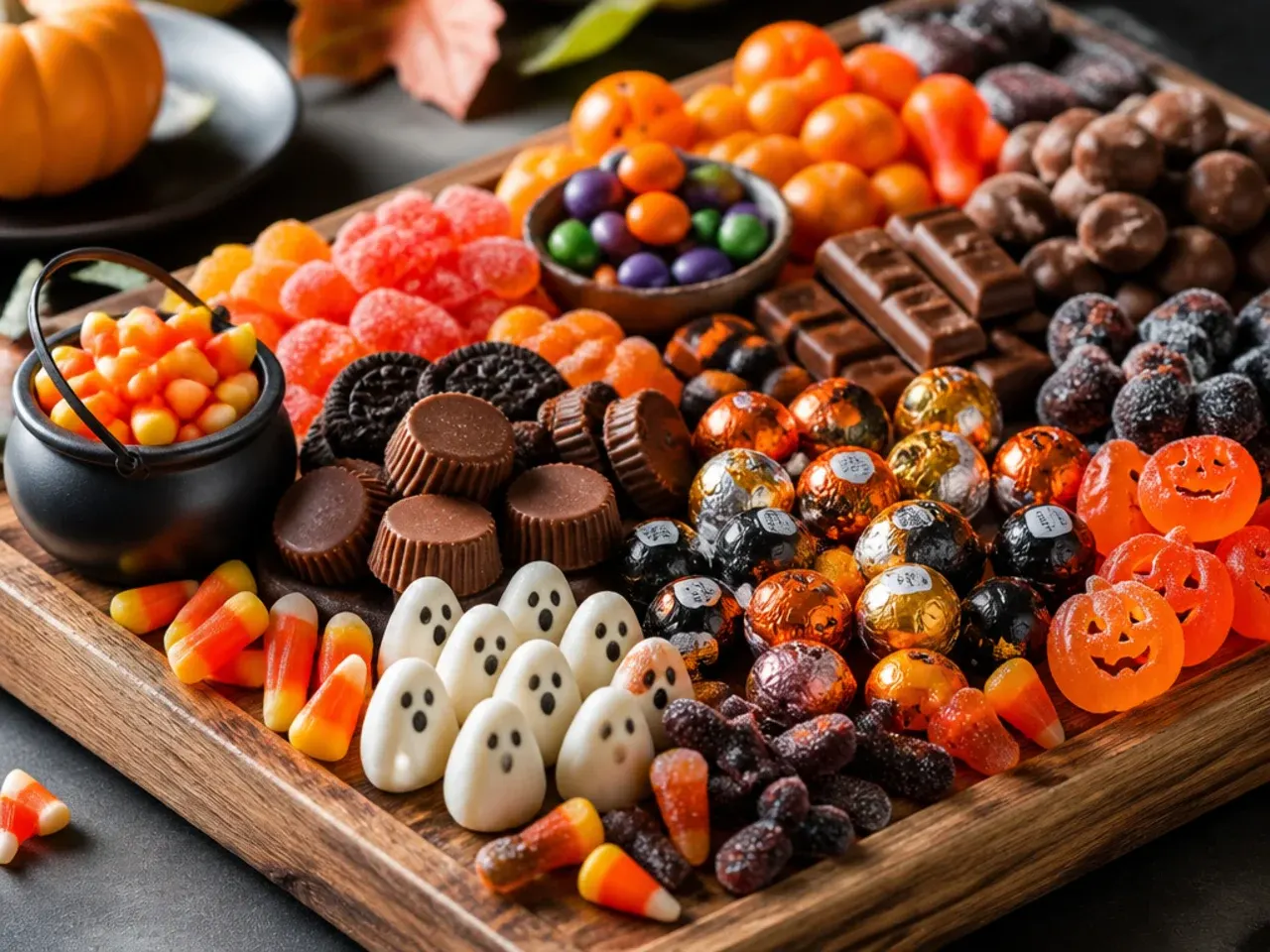 Overhead shot of a Halloween-themed candy charcuterie board with orange and black accents on a dark table