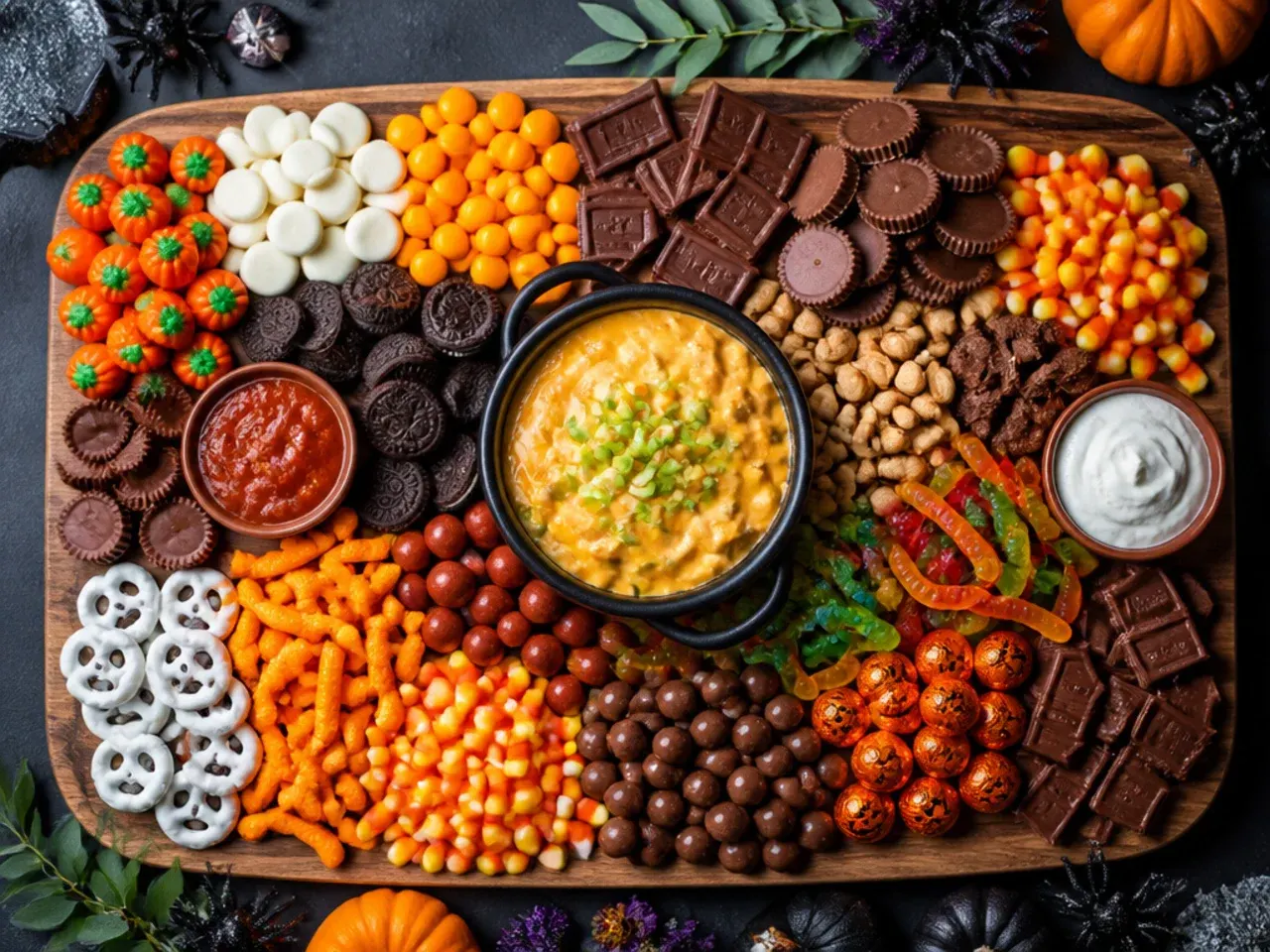 A classic Halloween candy board with chocolate bars, candy corn and gummy worms grouped in clusters