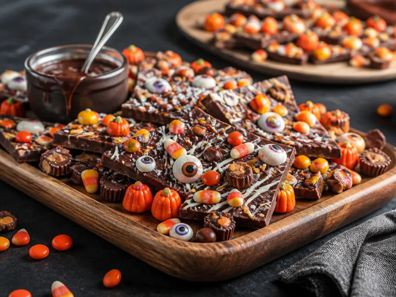 Marbled orange and black chocolate bark studded with M&Ms and pretzels on a Halloween candy board