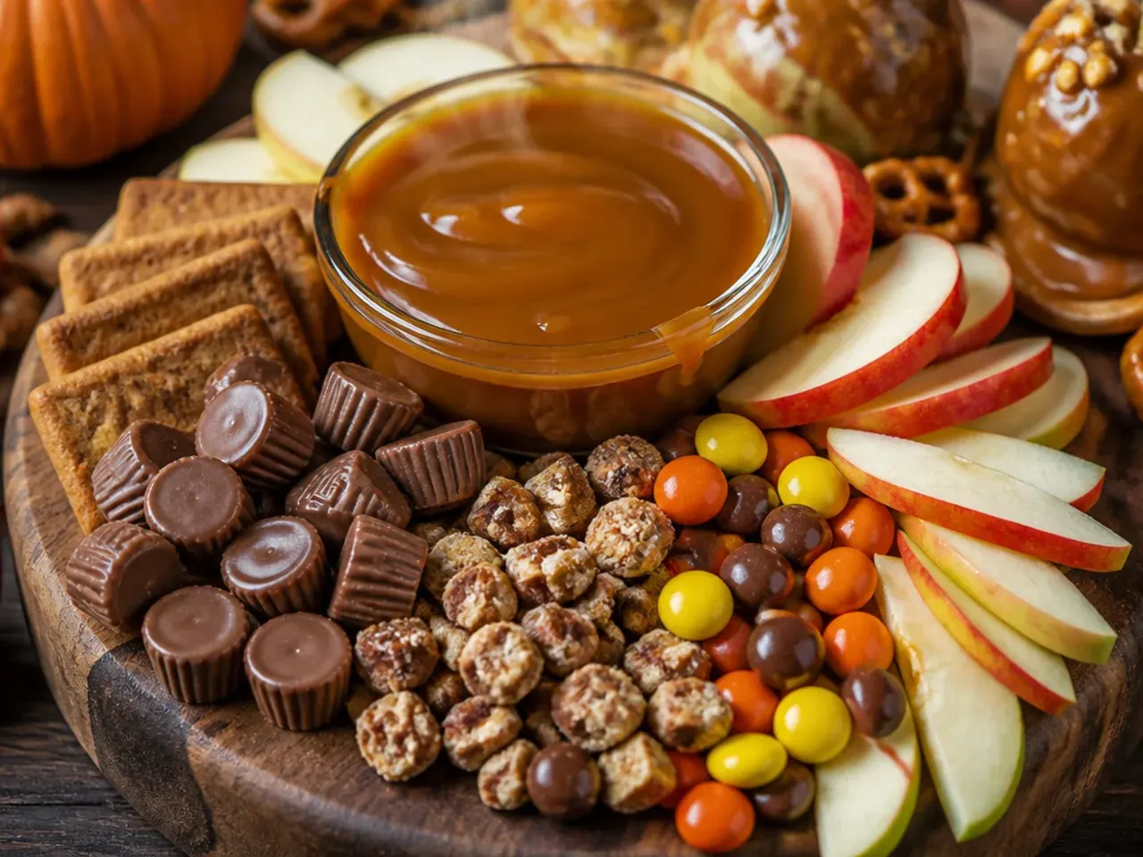 Apple wedges and a bowl of warm caramel dip surrounded by chopped nuts on a cozy autumn candy board