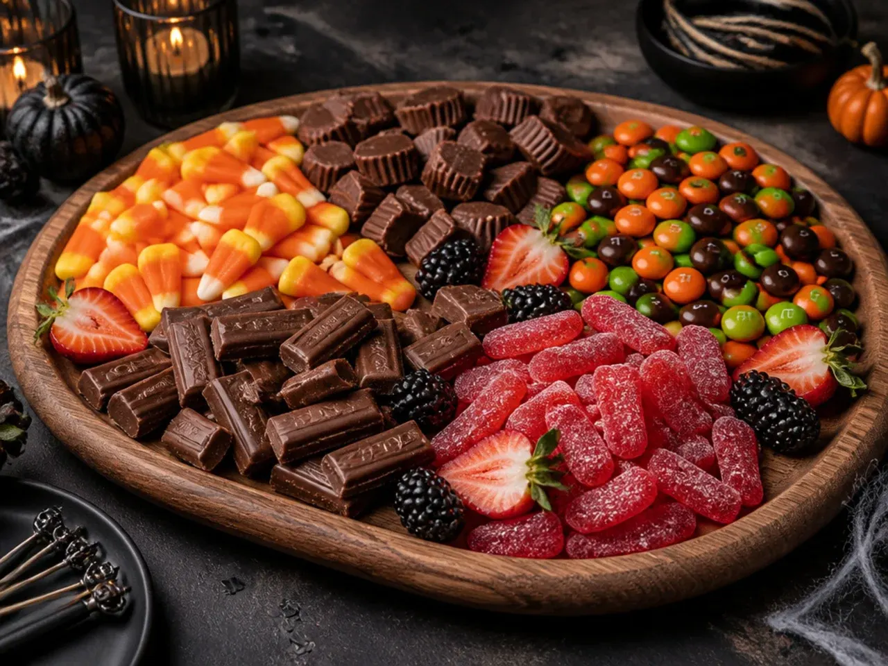 A minimalist five-ingredient Halloween candy board with candy corn, chocolate bars and gummy eyeballs