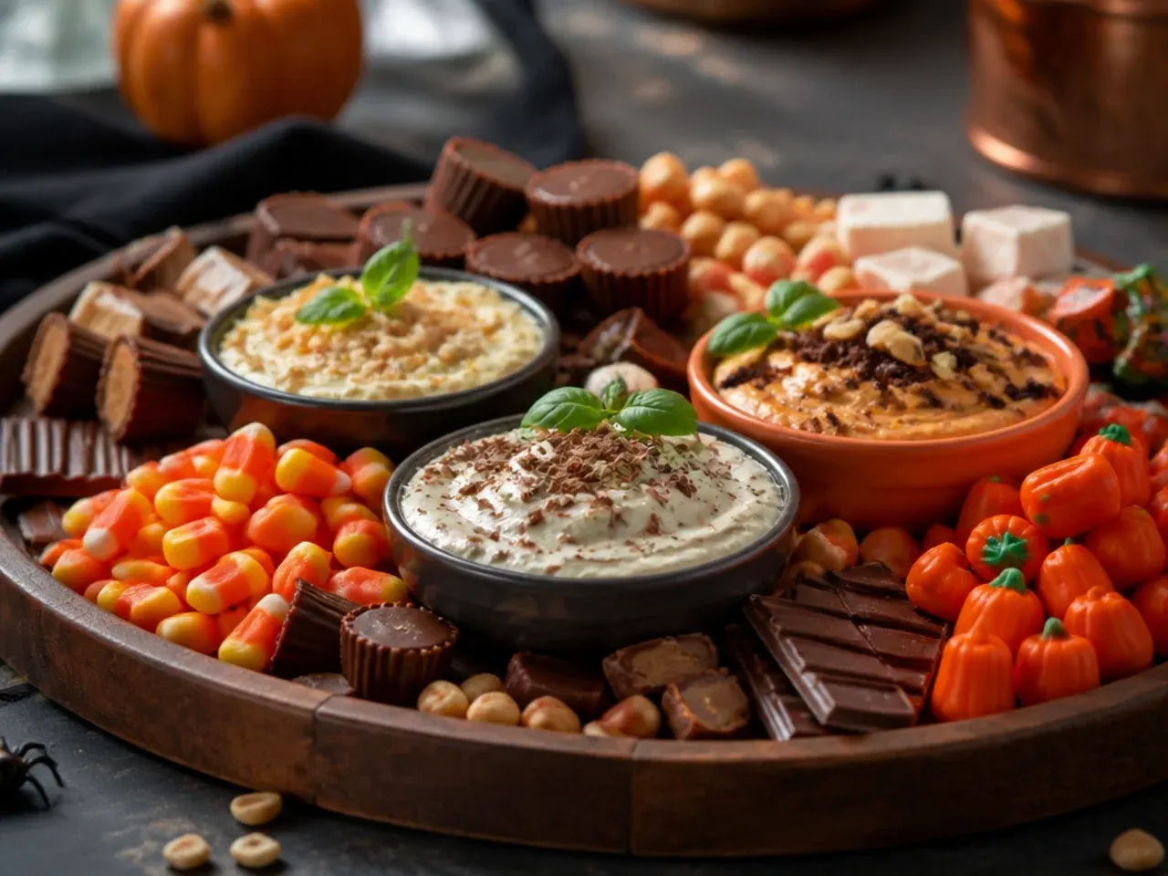 Three small bowls of marshmallow fluff, chocolate spread and cream cheese frosting on a candy board