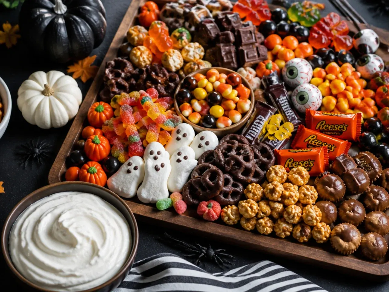 A generously loaded Halloween candy board with six candies, popcorn and multiple dip bowls