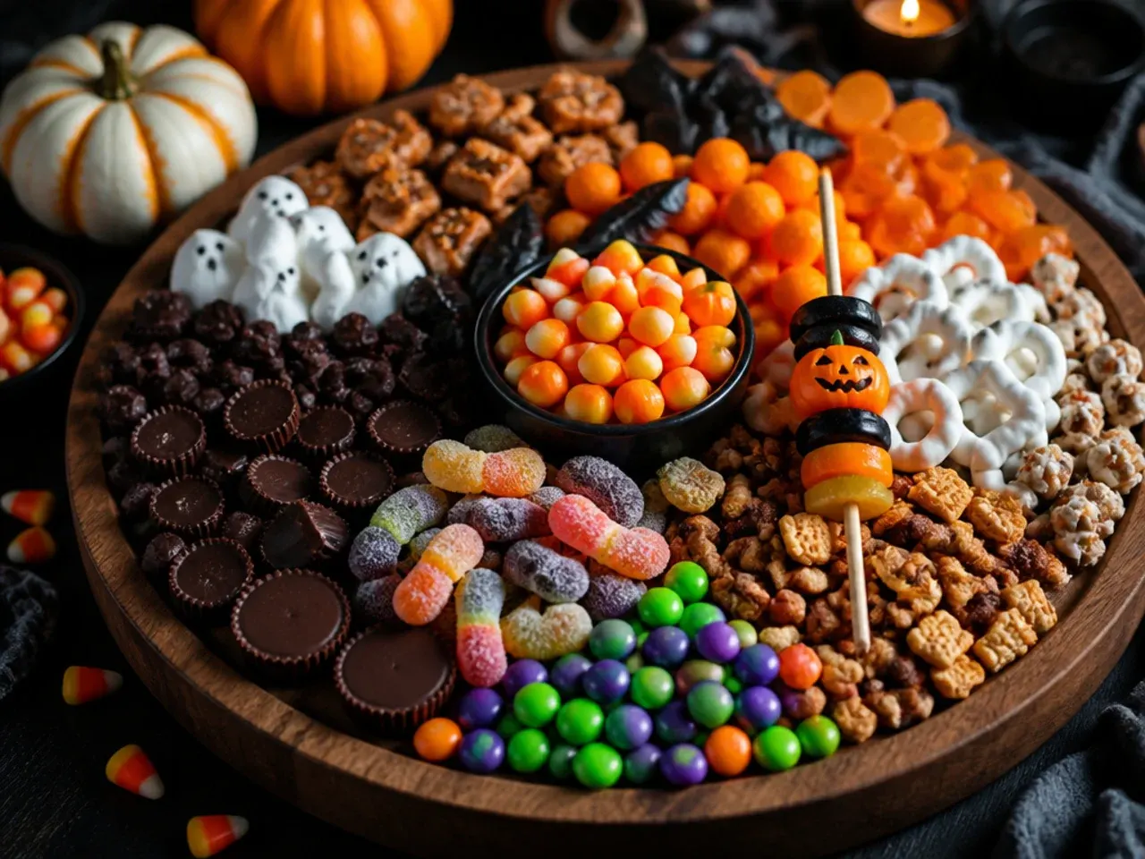 An elaborate showstopper Halloween candy board combining chocolate bark, caramel apples and dip bowls