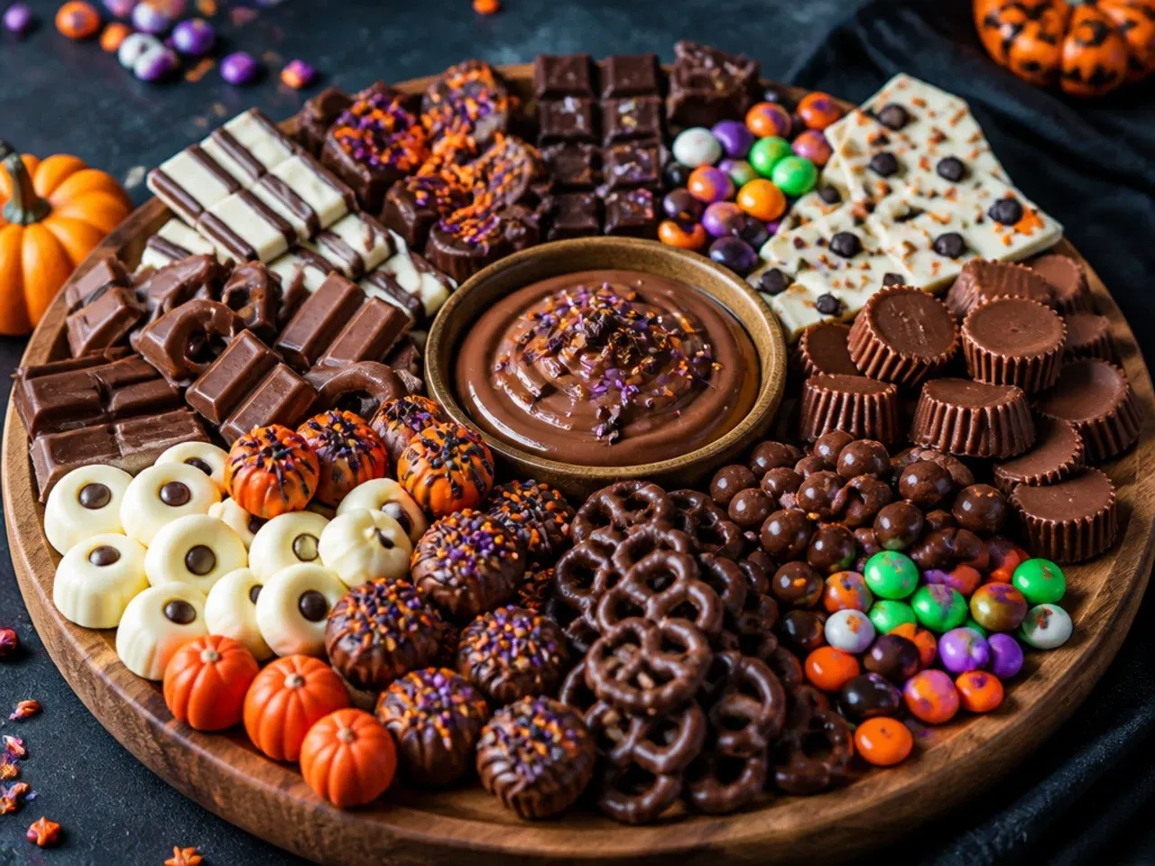 A chocolate-focused Halloween candy board with mixed chocolate bars, coins and a melted chocolate dip bowl