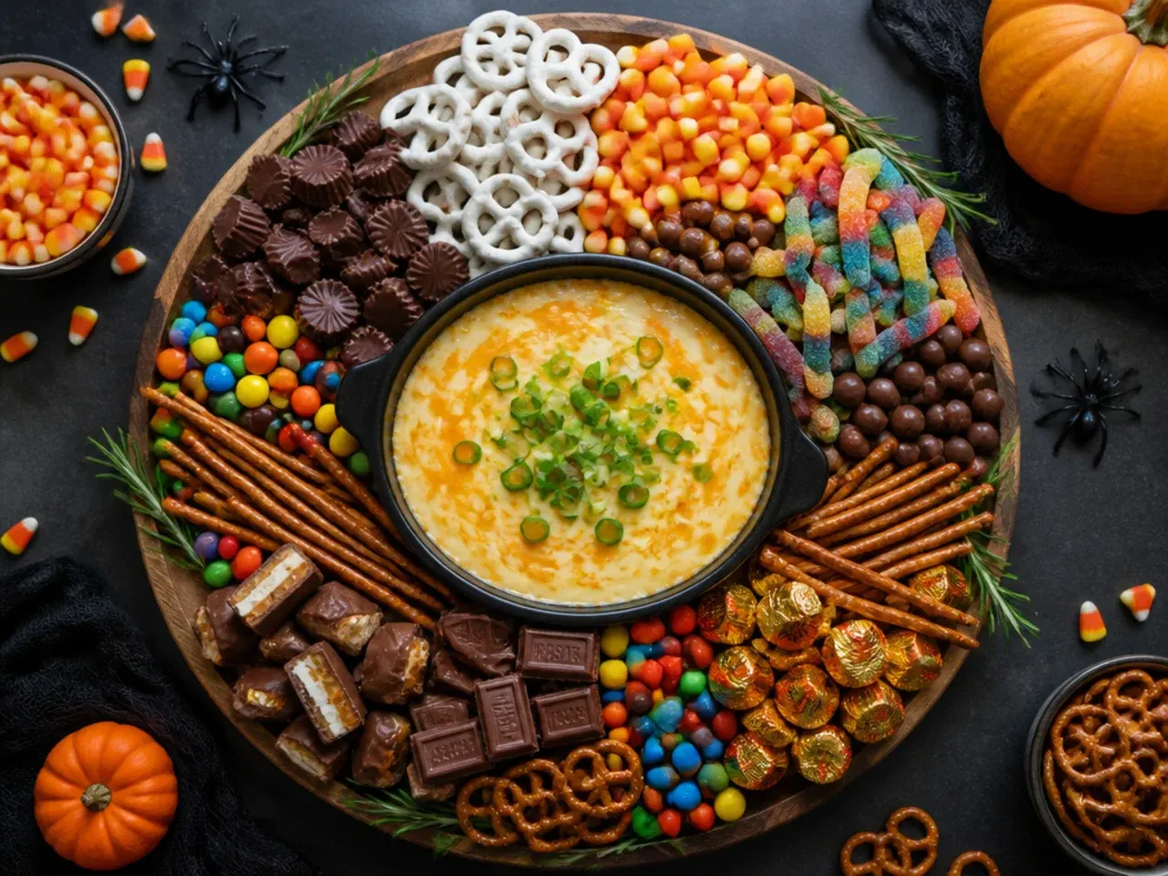 A simple budget-friendly Halloween candy board with value-brand sweets and a bowl of popcorn