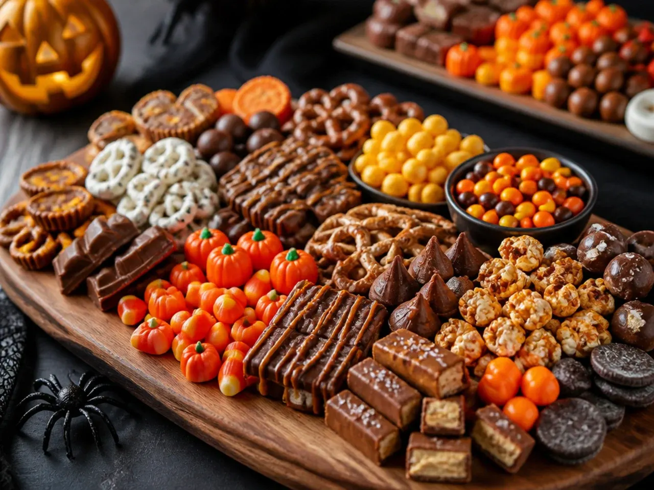 A long party-size Halloween candy spread designed to feed a crowd with labelled candy sections