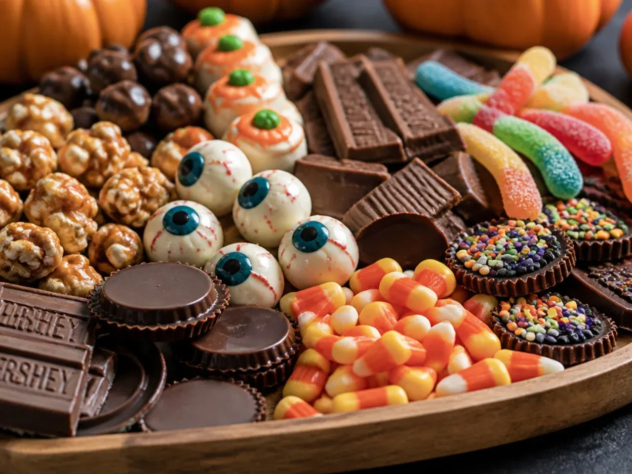 Pre-portioned candy and chocolate bark stored in containers ready for a make-ahead Halloween board