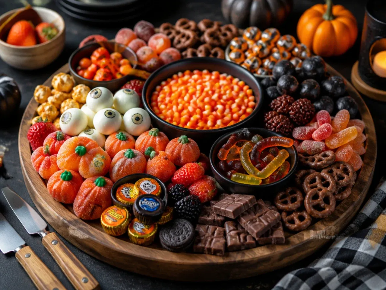 A kid-friendly Halloween candy board with mild sweets, marshmallows and a chocolate spider web