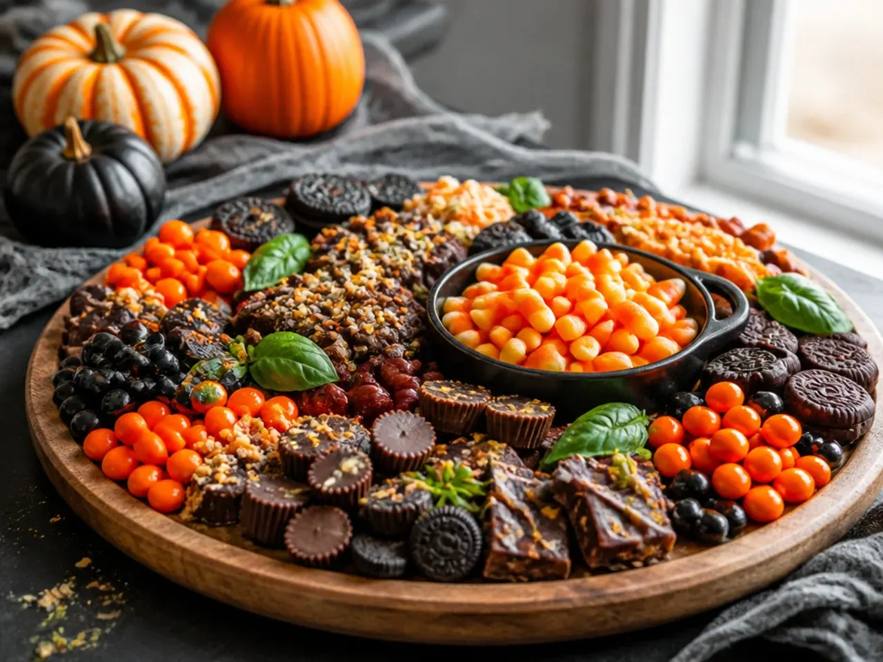 A candy board split into orange and black colour halves for a festive Halloween theme
