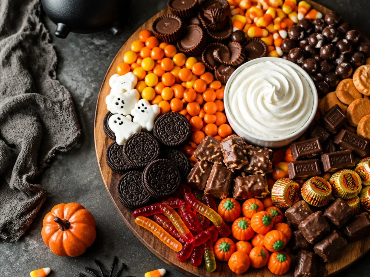 A quick and simple Halloween candy board with pre-bagged sweets tipped into loose piles