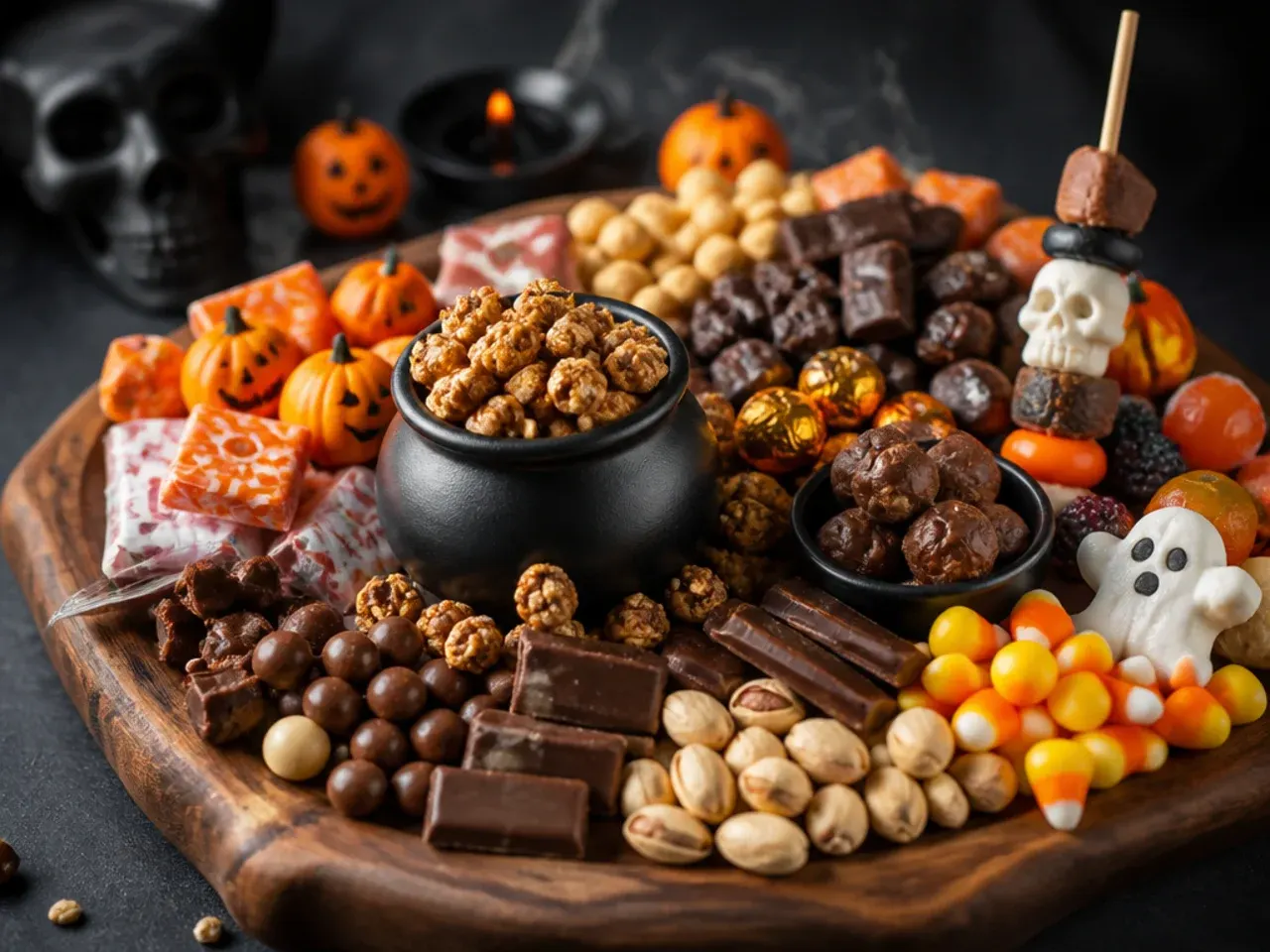 Homemade chocolate-dipped pretzel rods and caramel popcorn on a Halloween candy board
