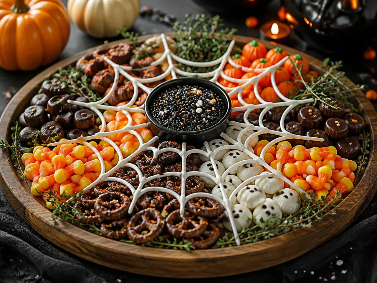 A chocolate spiderweb bark pattern surrounded by candy on a spooky Halloween candy board