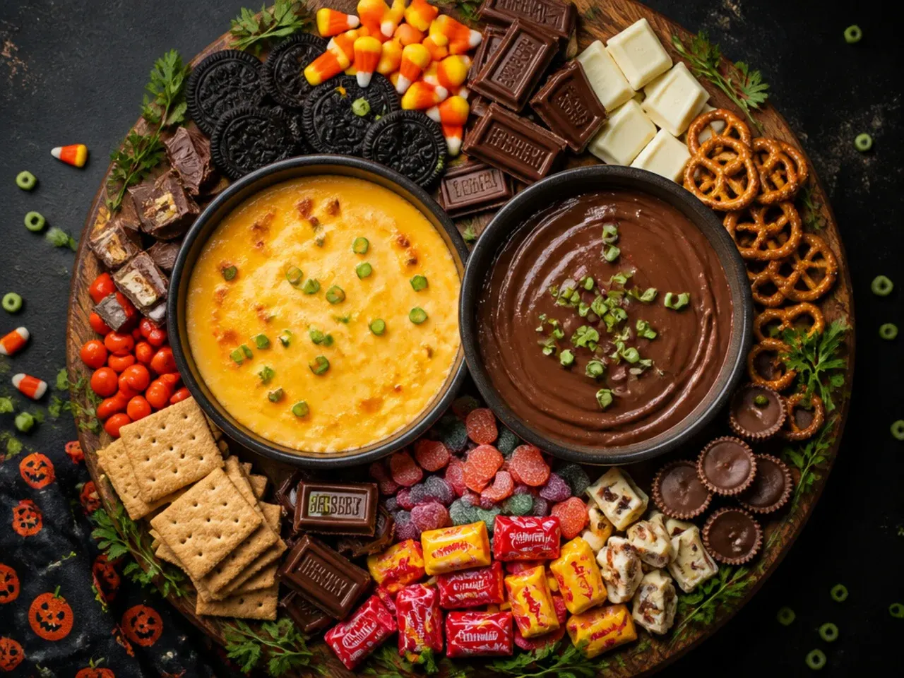 A simple two-bowl Halloween candy board with mixed candy and pretzels fanned around it