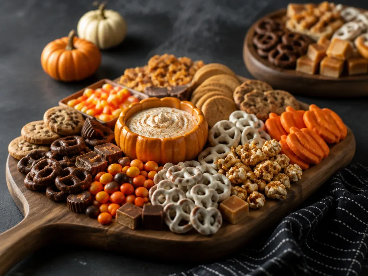A cozy autumn-spiced candy board with pumpkin spice marshmallows, cinnamon pretzels and a dip bowl