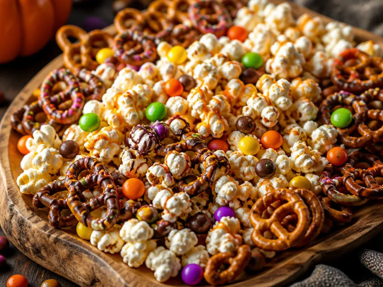 A popcorn and pretzel-based Halloween candy board with scattered M&Ms and candy corn