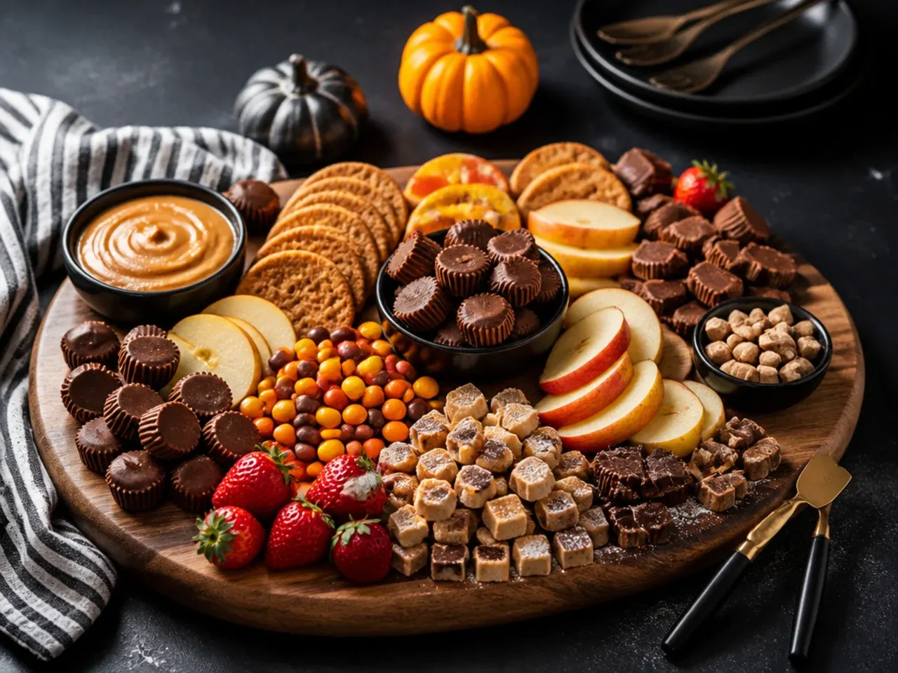 A bowl of creamy peanut butter dip with a chocolate swirl surrounded by pretzels and fruit dippers