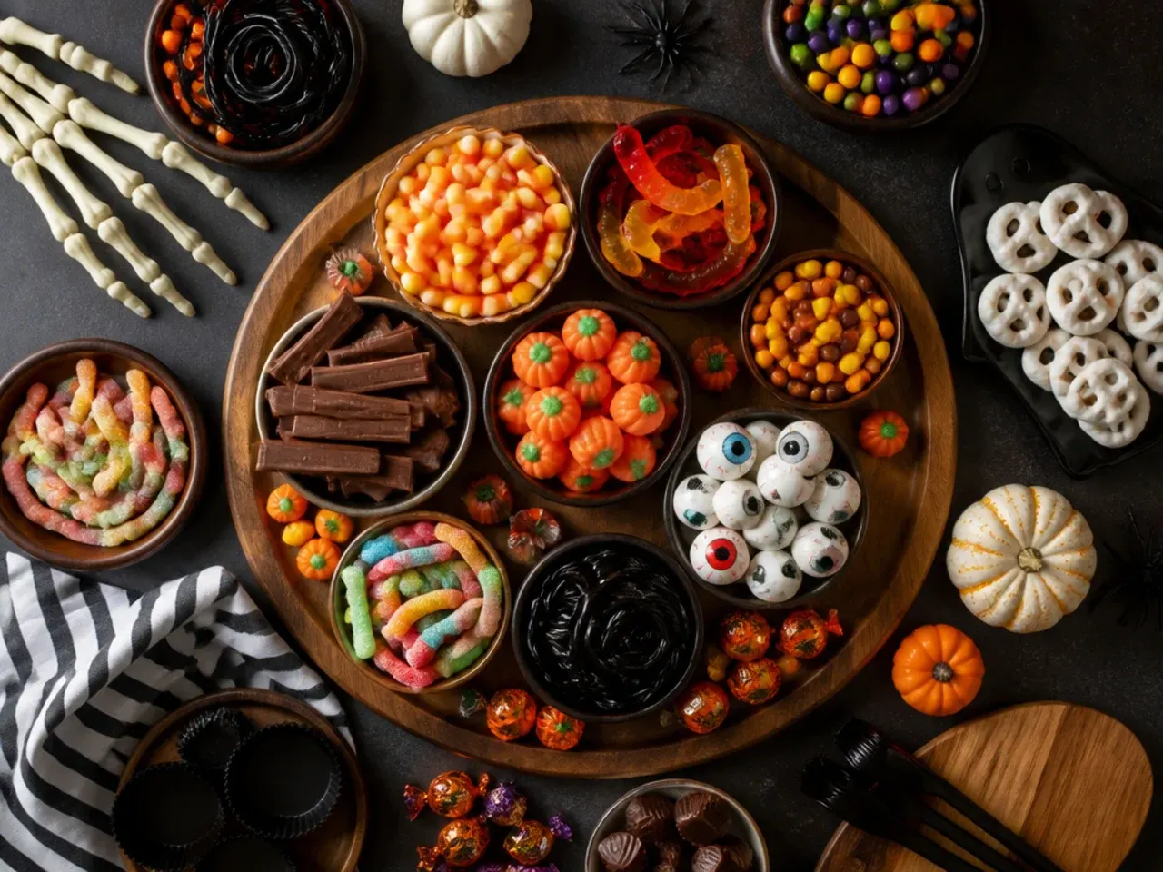 Hands arranging small candy garnishes into gaps on a finished Halloween candy charcuterie board