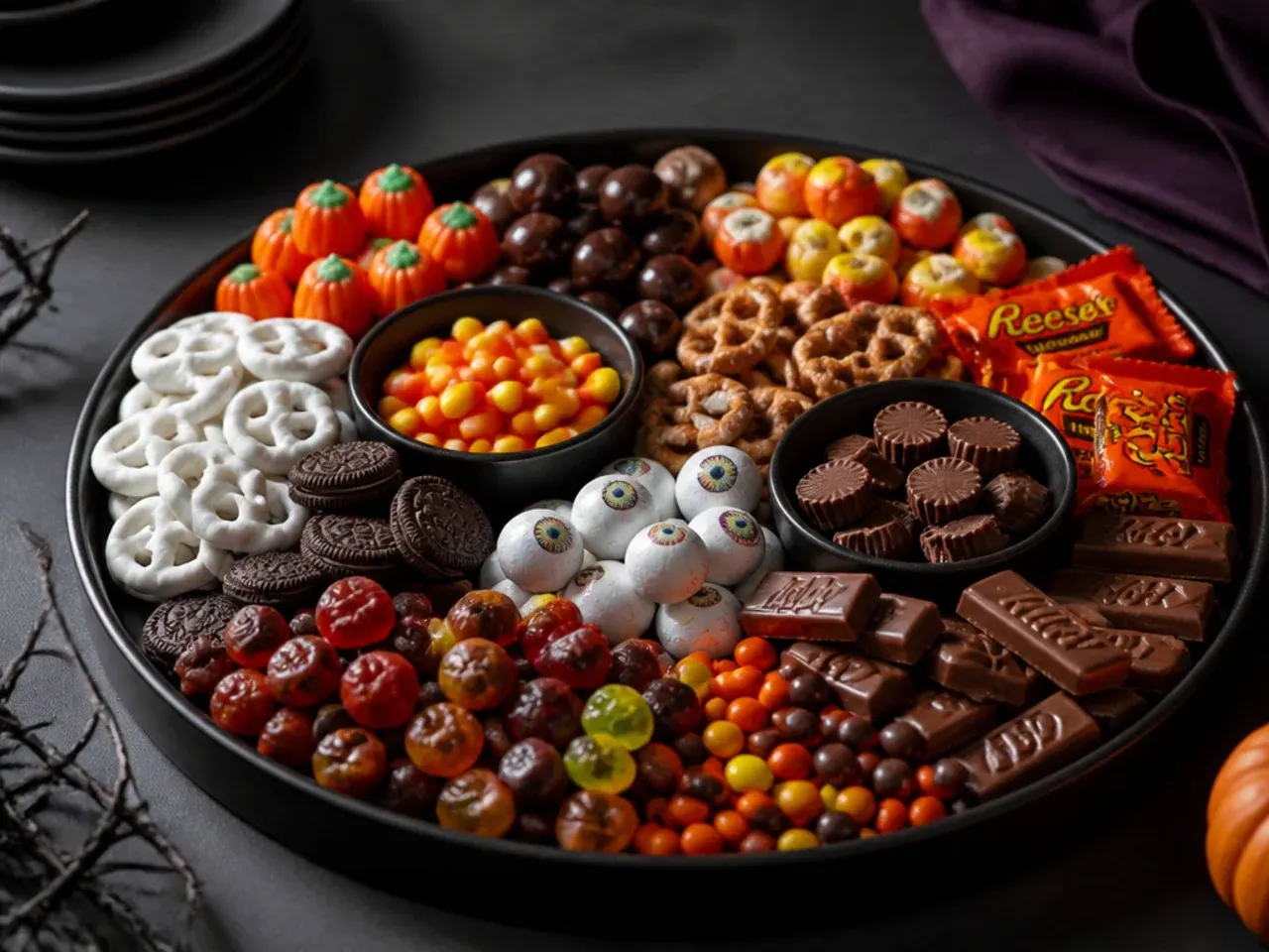 A Halloween candy charcuterie board served alongside mugs of spiced hot chocolate on a party table
