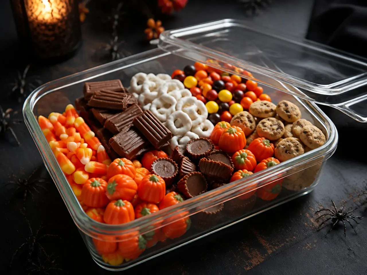 Leftover Halloween candy being re-bagged into airtight containers for storage after the party