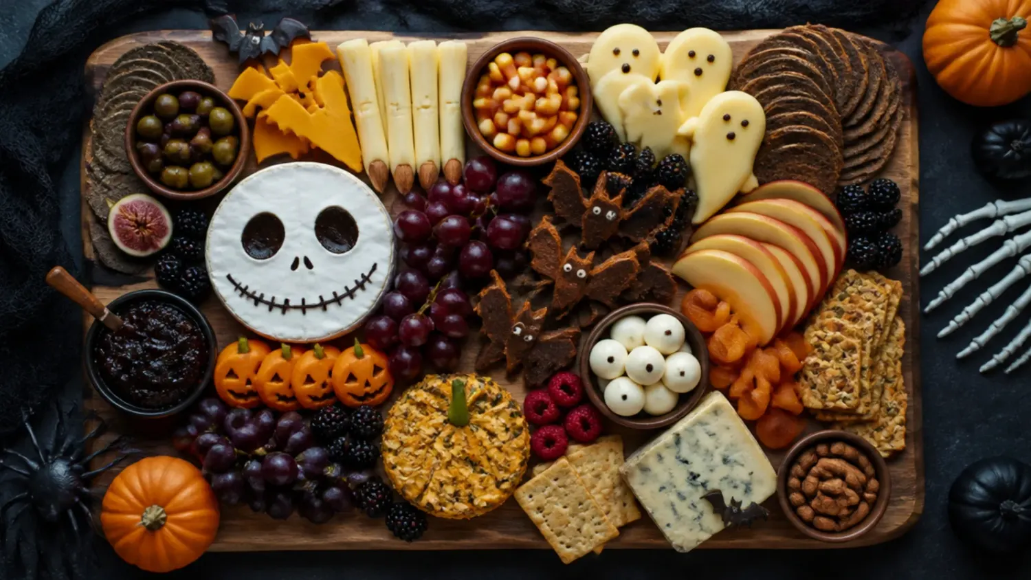 A wooden board loaded with Halloween charcuterie board dessert bites, including chocolate bark, dipped strawberries, candy corn and pumpkin cookies