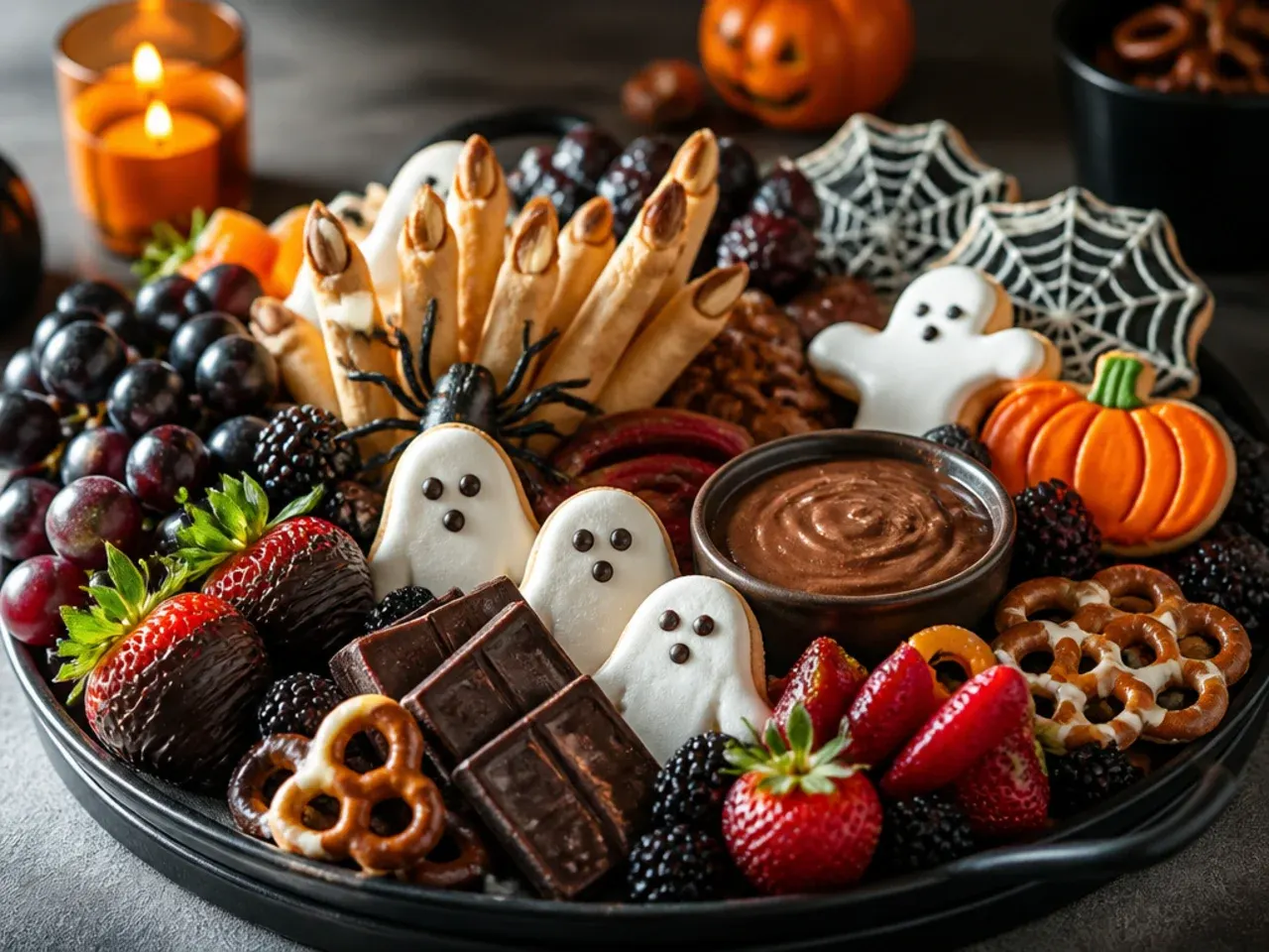 Overhead view of a Halloween dessert charcuterie board with orange and black sweets arranged in rows