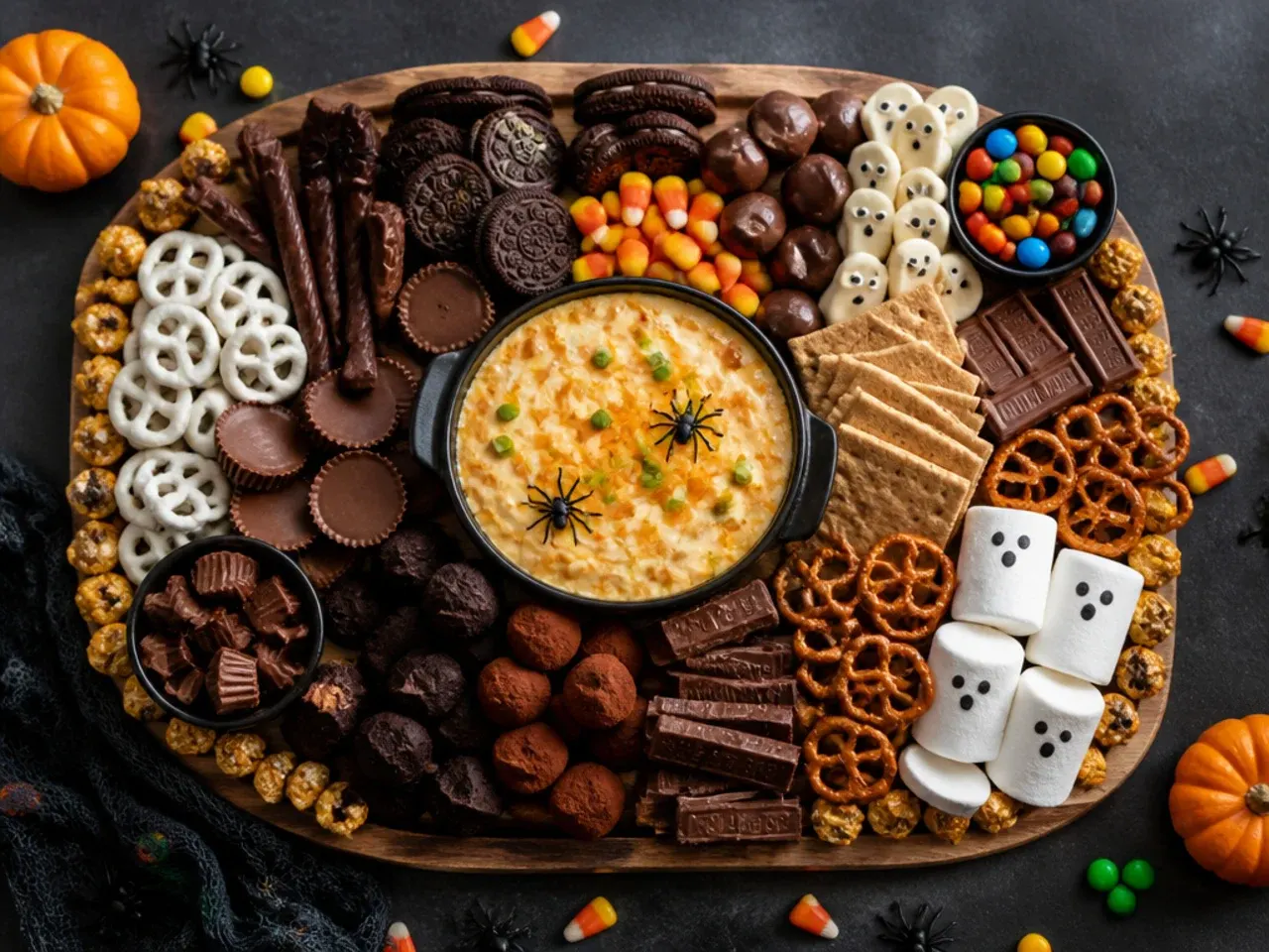 Classic Halloween candy and chocolate charcuterie board with grouped sweets