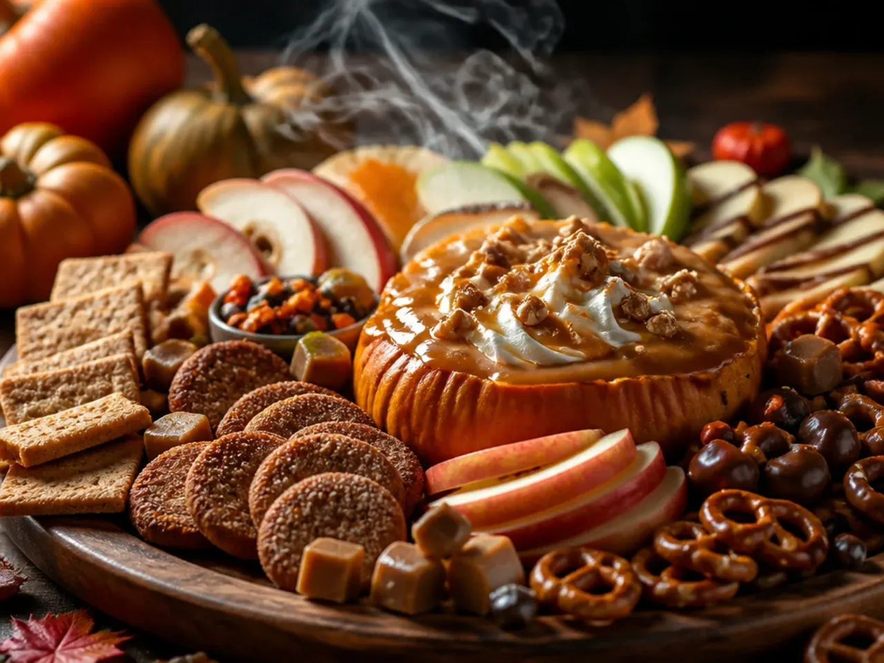 Cosy autumn Halloween board with pumpkin cake and caramel apple slices