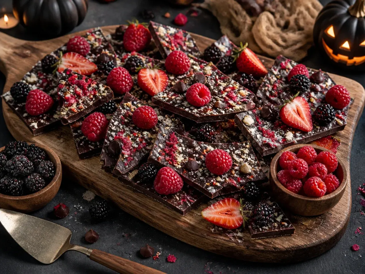 Chocolate bark shards with candy eyeballs on a simple Halloween dessert board