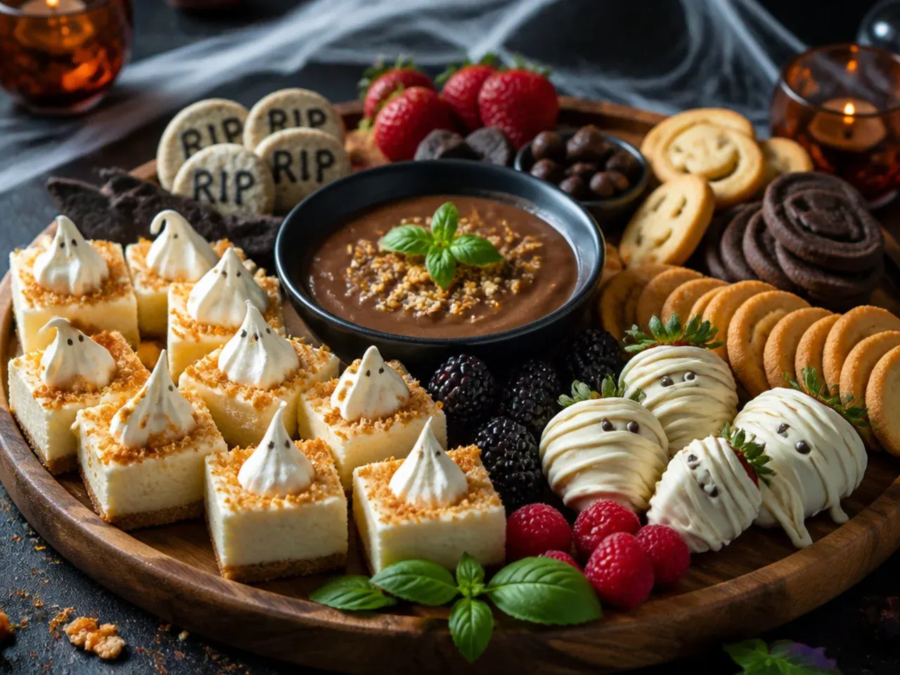 Creamy mini cheesecake bites and orange dip on a Halloween dessert board