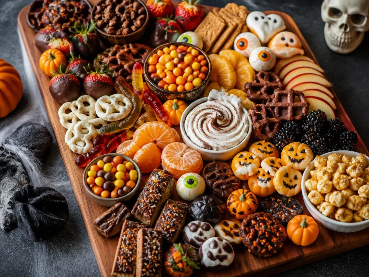 Fully loaded Halloween charcuterie board dessert covering a large wooden platter