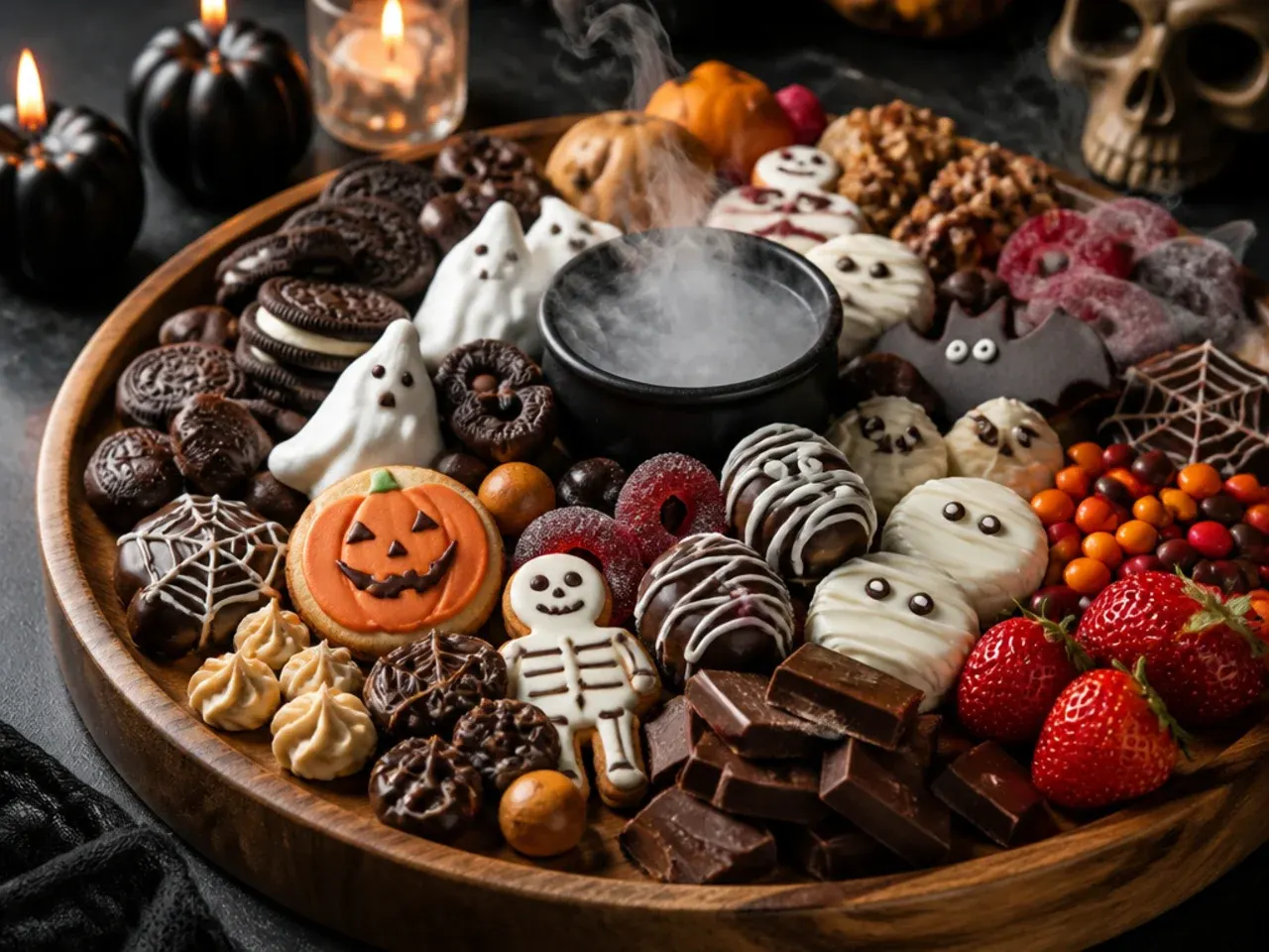 Showstopper Halloween dessert board with meringue ghosts and spiderweb bark