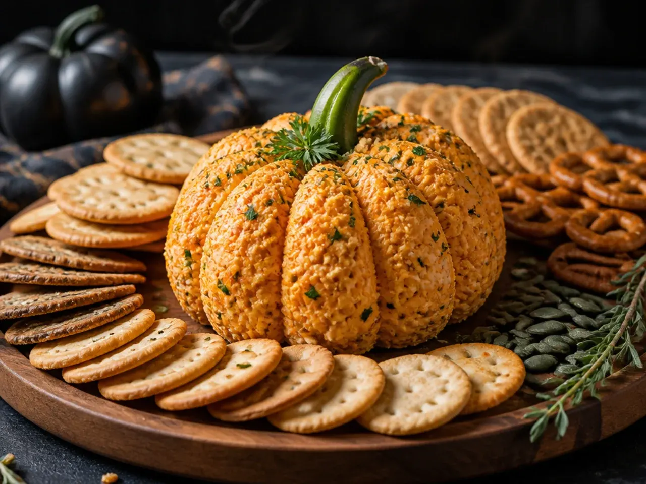 Pumpkin-shaped sweet cream cheese ball centrepiece on a Halloween dessert board