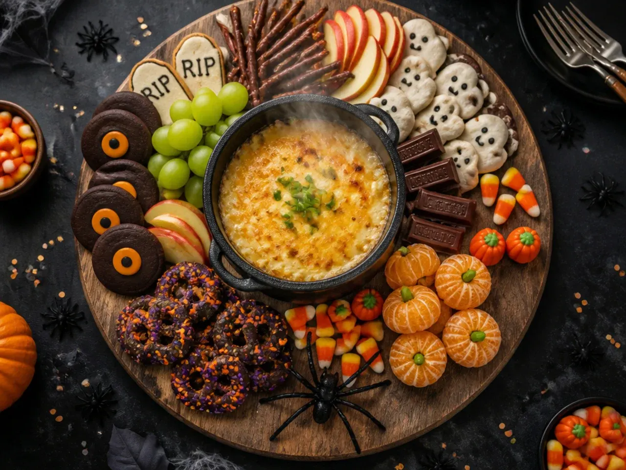 Budget Halloween dessert board made with discount shop sweets and grapes