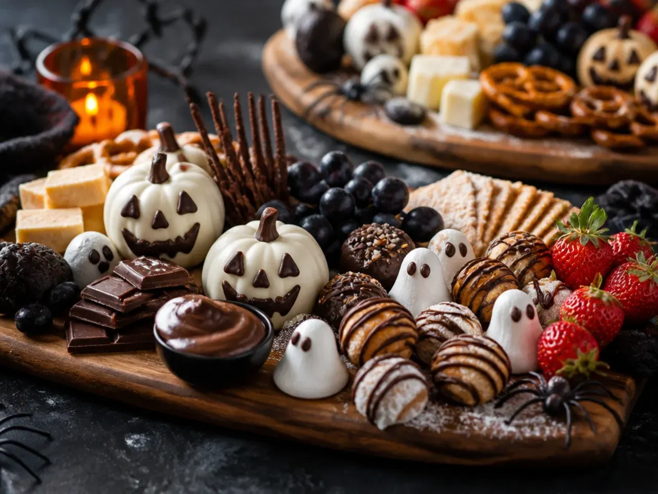 Two matching Halloween dessert boards set up for a party crowd