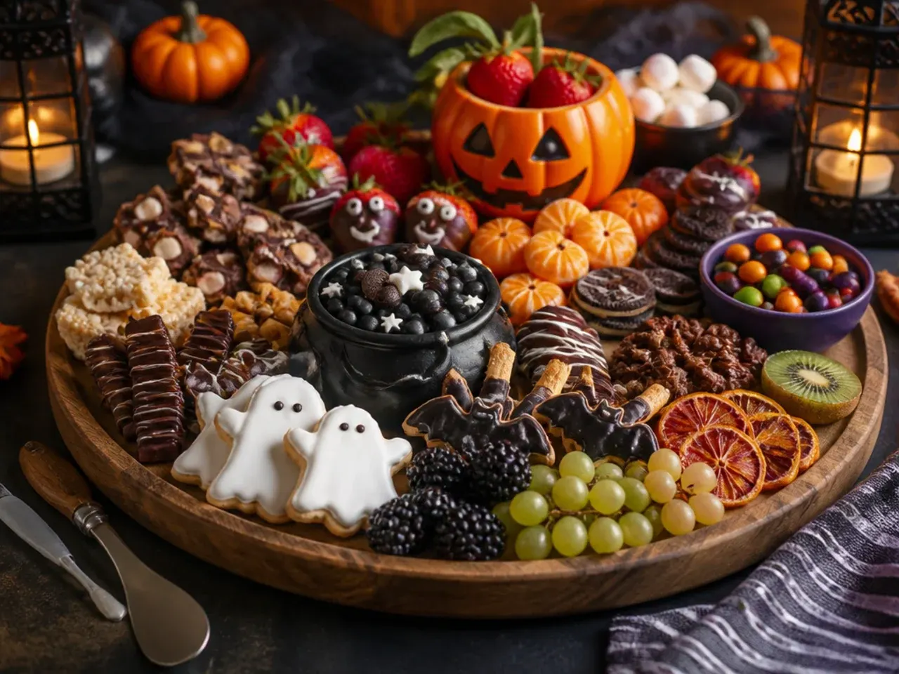 Kid-friendly Halloween dessert board with familiar sweets arranged simply