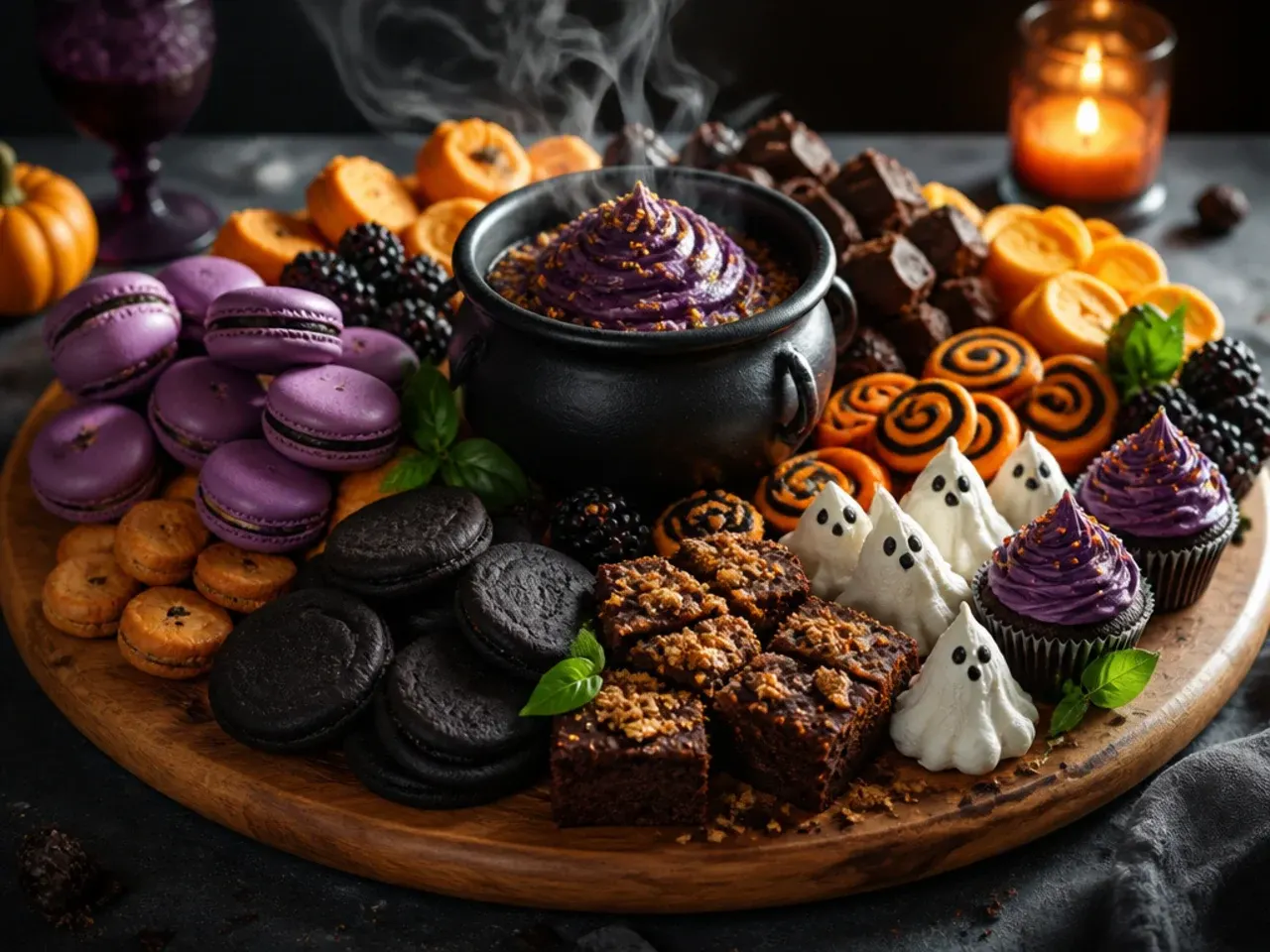 Colour-blocked Halloween dessert board in black, orange and purple rows