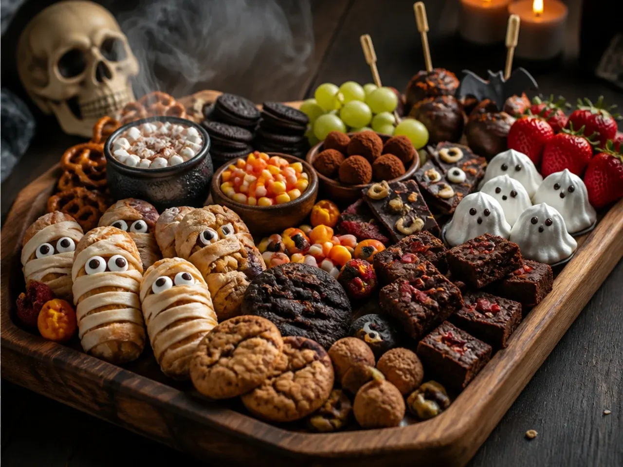 All-homemade Halloween dessert board with shortbread, bark and dipped fruit